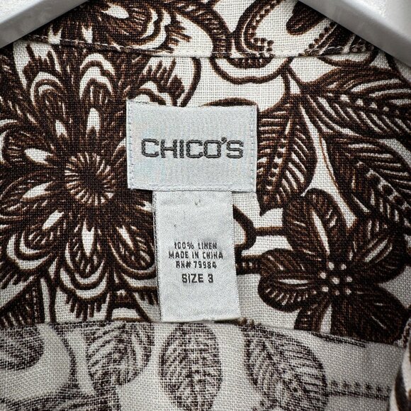 Chicos Size 3 US‎ XL 16 18 Top Shirt Shacket 100% Linen Brown Floral 3/4 Sleeve - Picture 10 of 12